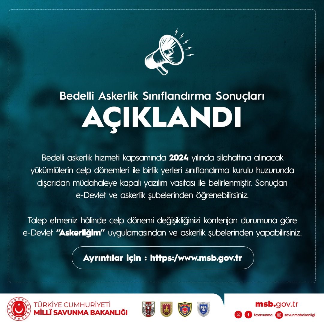 Milli Savunma Bakanlığı (MSB), bedelli askerlik sınıflandırma sonuçlarının açıklandığını duyurdu.Yunus