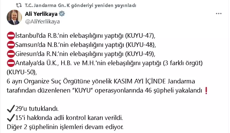 İçişleri Bakanı Ali Yerlikaya, kasım ayı içinde 4 il merkezli